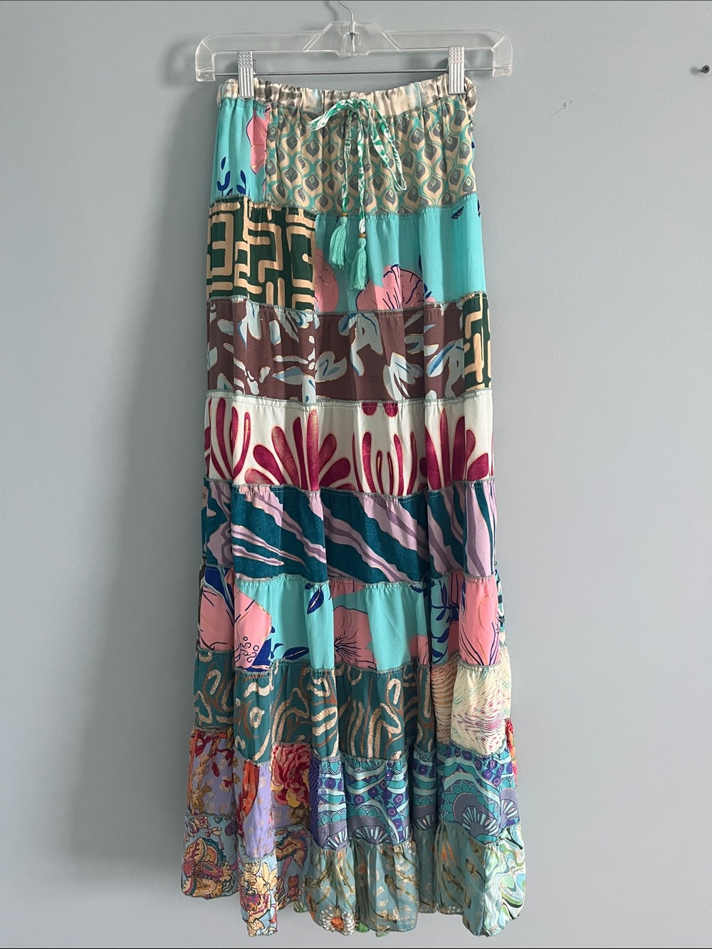 Karma Highway Boho Patchwork Maxi Skirt in Teal and Pink